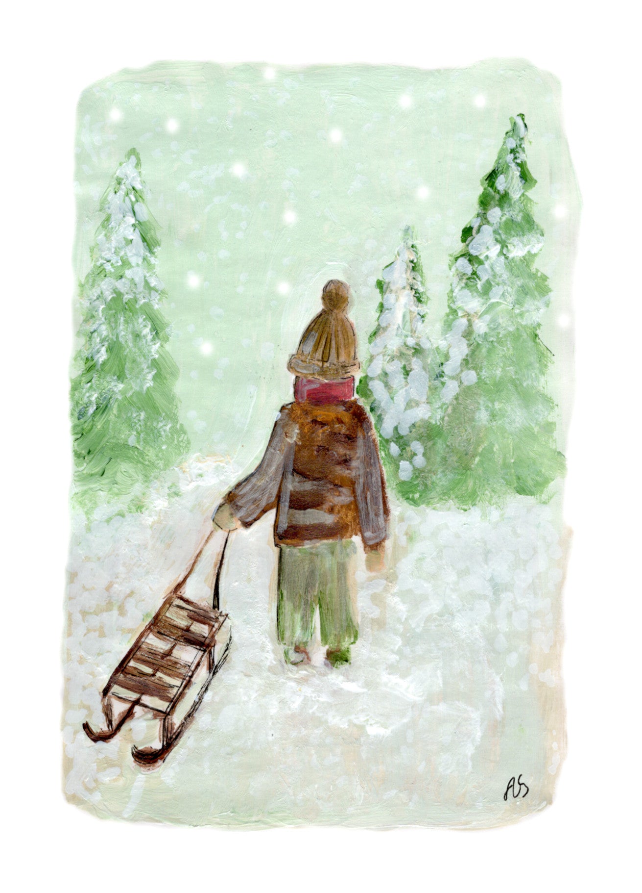 Joulukortti - Poika ja kelkka