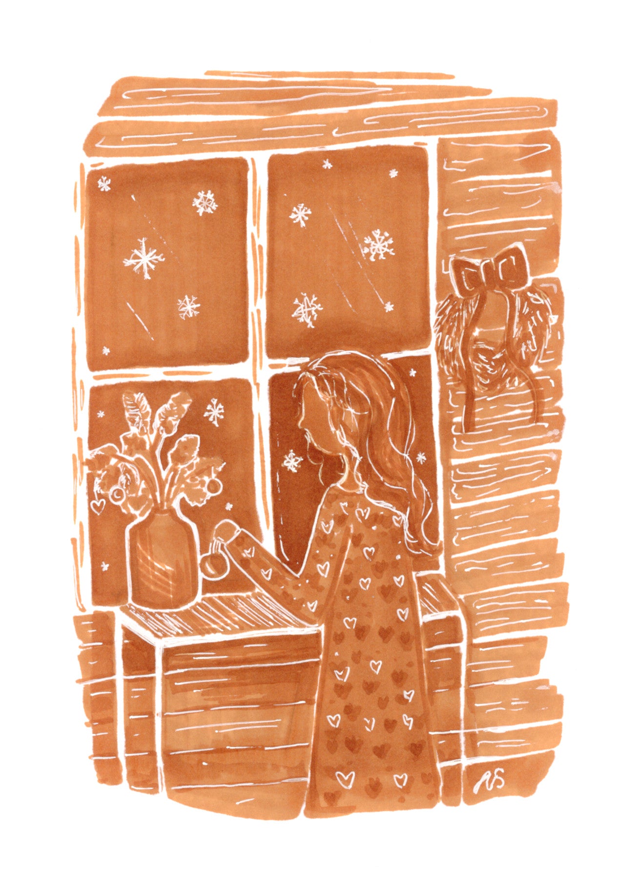 Joulukortti - Tyttö ikkunalla