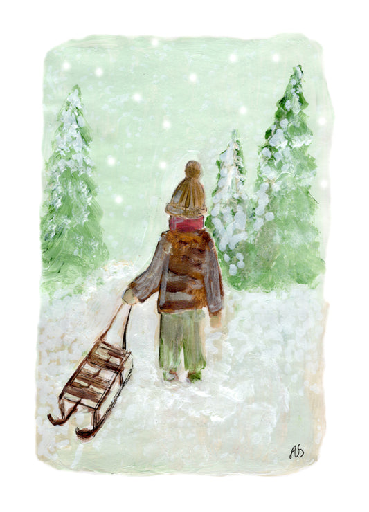 Joulukortti - Poika ja kelkka